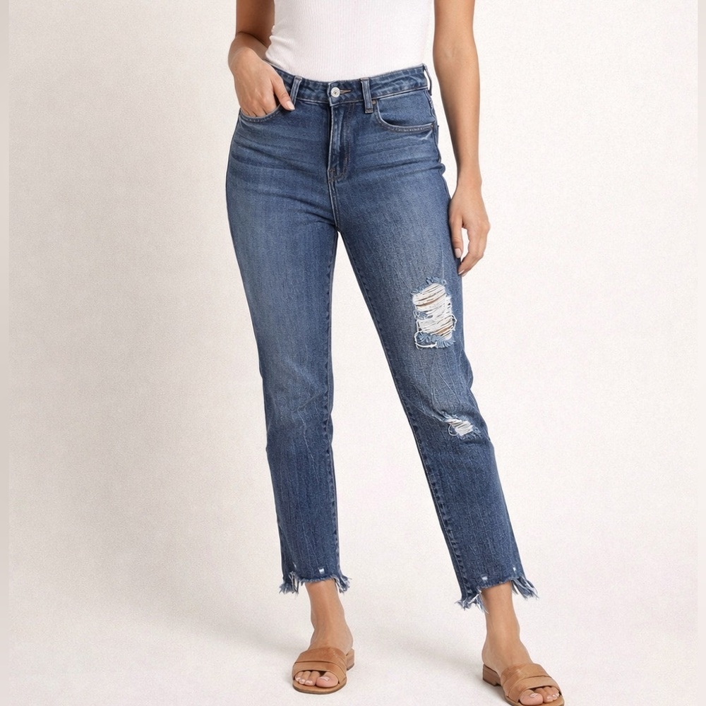 REWASH High-Rise Distressed Cropped Jeans, Raw Hem, Size 7(28)